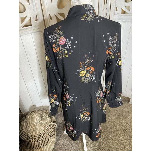 Loft Black Multicolored Floral Long Sleeve Bow Tie Neck Chiffon Dress Size 6 - Picture 2 of 8